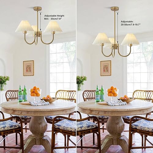 Miniatura 3 de KCO Lámpara de araña de 3 luces, lámpara tradicional plisada, pequeña lámpara de entrada vintage, moderna de mediados de siglo, candelabros dorados
