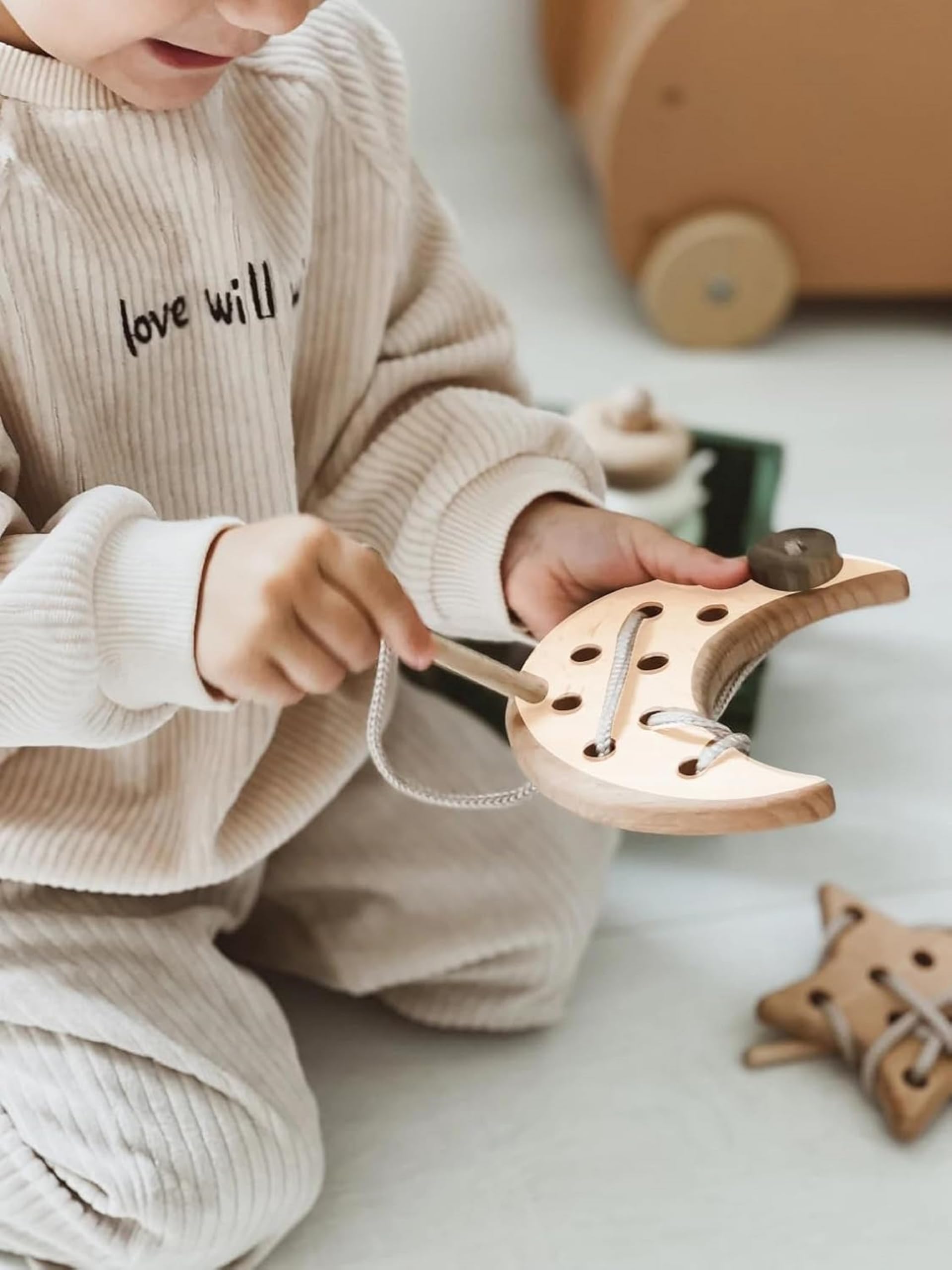 Wooden Lacing Toy for Toddlers,Threading Toy Kids Travel Road Trip Games Educational Learning Motor Skills Montessori Toys, Activity Toys (Cloud, Beige) 4