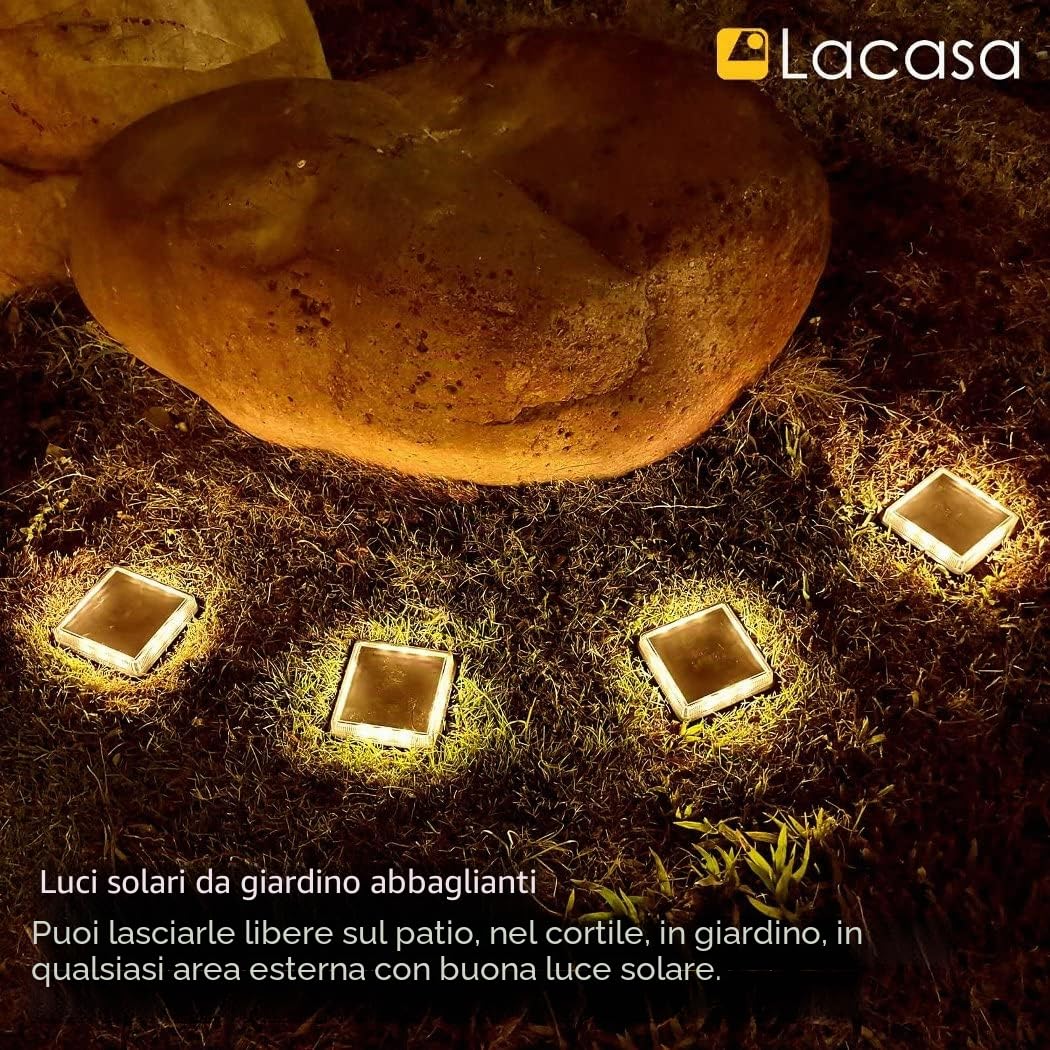 Lacasa Luci Solari da Giardino, LED Lampada Solare da Esterno, Auto On/Off Luci per Sentieri per Ponte Dock Passo Vialetto Passerella Percorso Scale Piazza Cortile - Bianco Caldo 4 Pezzi