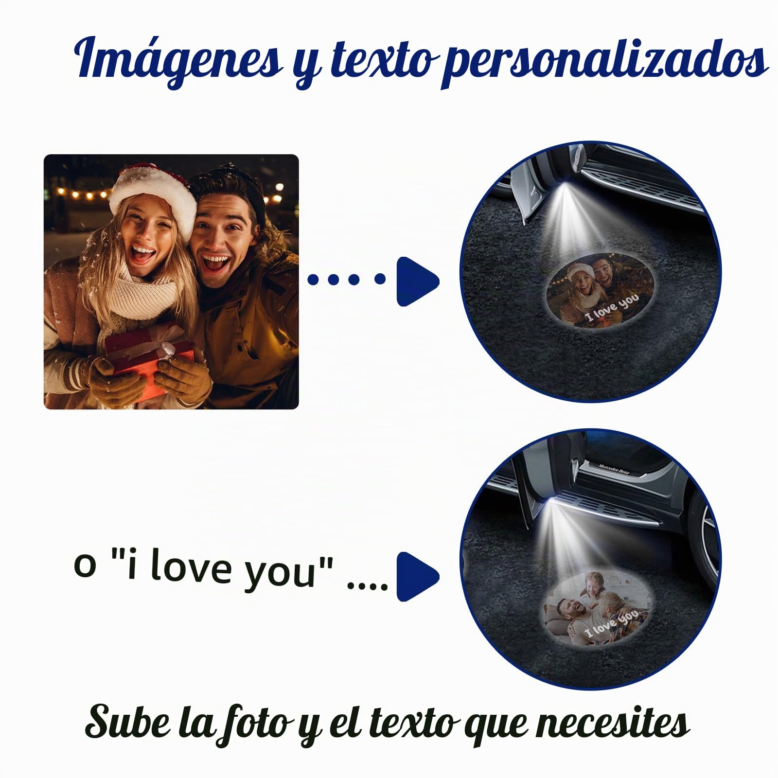 Proyector de Luz Personalizado para Puerta de Coche, 2 Luces de Bienvenida | Luz de Coche con Foto y Texto Personalizados, Luz de Charco con Sombra Fantasma para Todos los Coches, Inducción Magnética