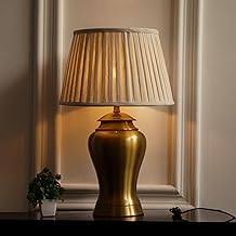Divine Trends Brass Antique Finish Table Lamp with Off White 14 Inches Lamp Shade for Living Room, Bedroom, Bedside, Home Decoration, Hotel Pack of 1 - Led Bulb Included (Pleated Shade)