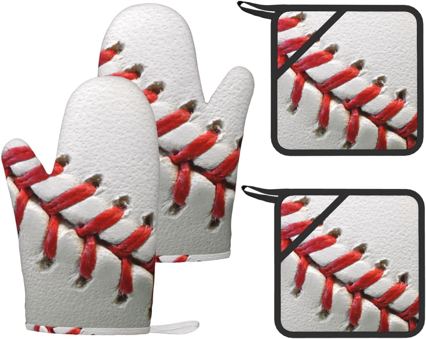 Sport Ball Baseball Oven Mitts and Pot Holders Set of 4 Heat Resistant Kitchen Gloves with Silicone Palm Hot Pads for Baking Cooking Grilling BBQ