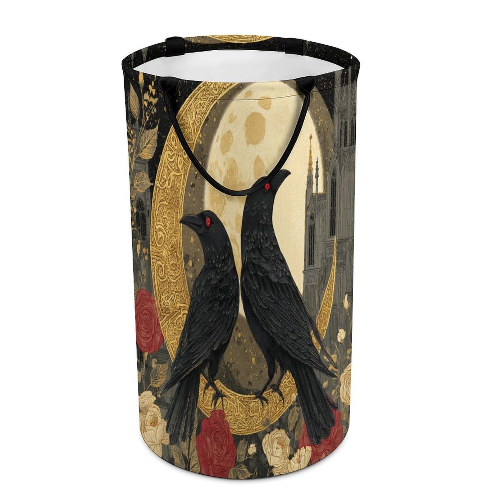 LUYYSKY Beautiful Classic Animal Crow Collapsible Dirty Clothes Basket, Mid Century Gothic Full Moon Starry Sky Galaxy Castle Roses Floral Portable Clothes Storage Laundry Basket-40 CM Dia, 69 CM High