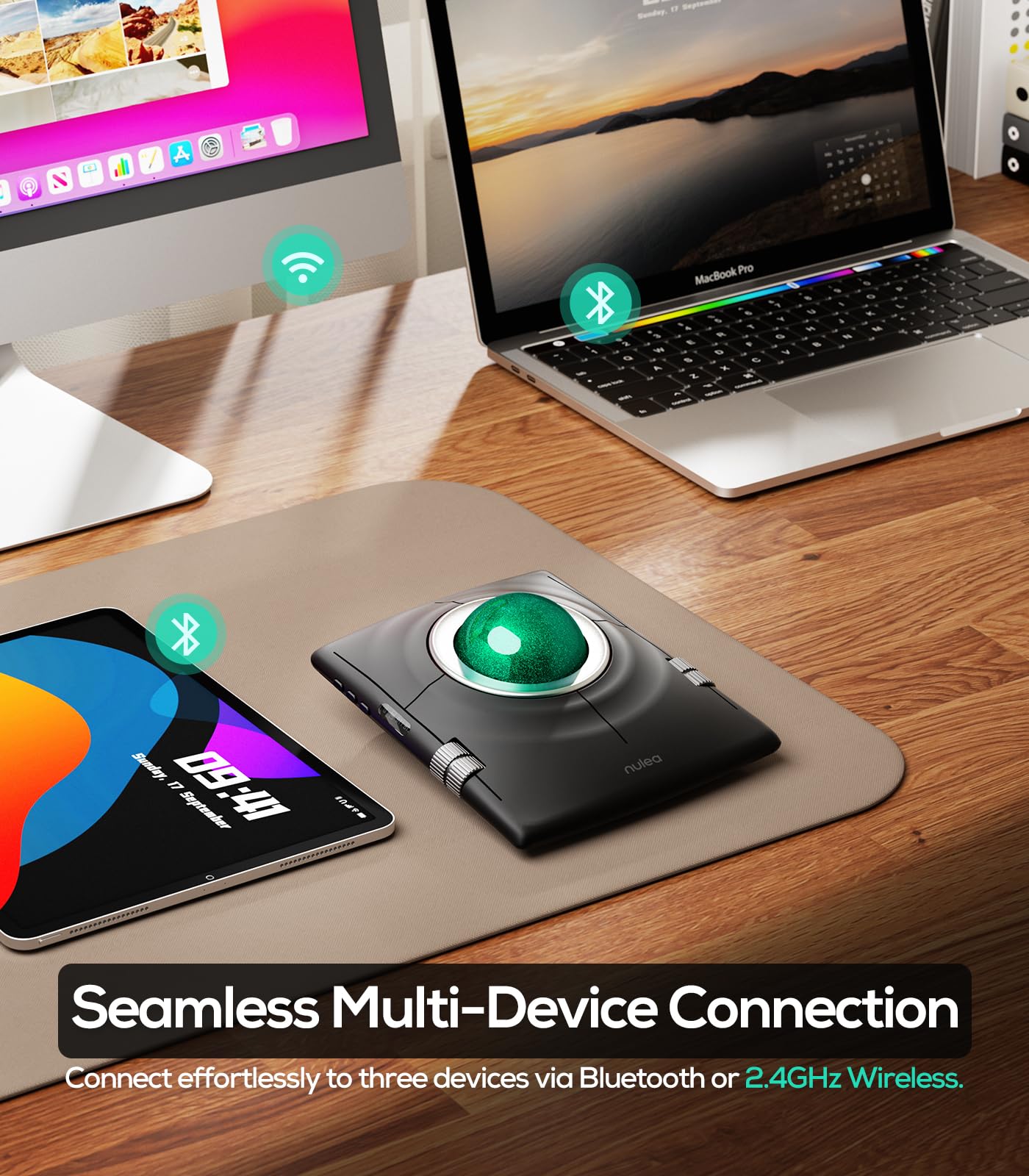 Nulea M512 kabellose Trackball-Maus, ergonomischer 55-mm-Trackball, einstellbare DPI für präzise Steuerung, kompatibel mit Links- oder Rechtshänder, wiederaufladbar, Multi-Device Bluetooth & 2,4 GHz