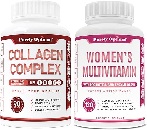 Purely Optimal Cápsulas de péptidos de colágeno múltiple prémium (tipos I, II, III, V, X) + multivitamínico premium para mujeres