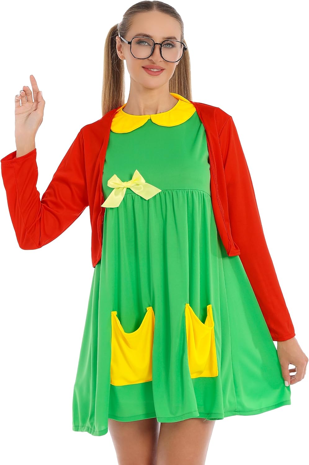 Women's Halloween Costume Green Dress Red Knit Cardigan Shorts Glasses Accessories for Halloween Cosplay Outfit