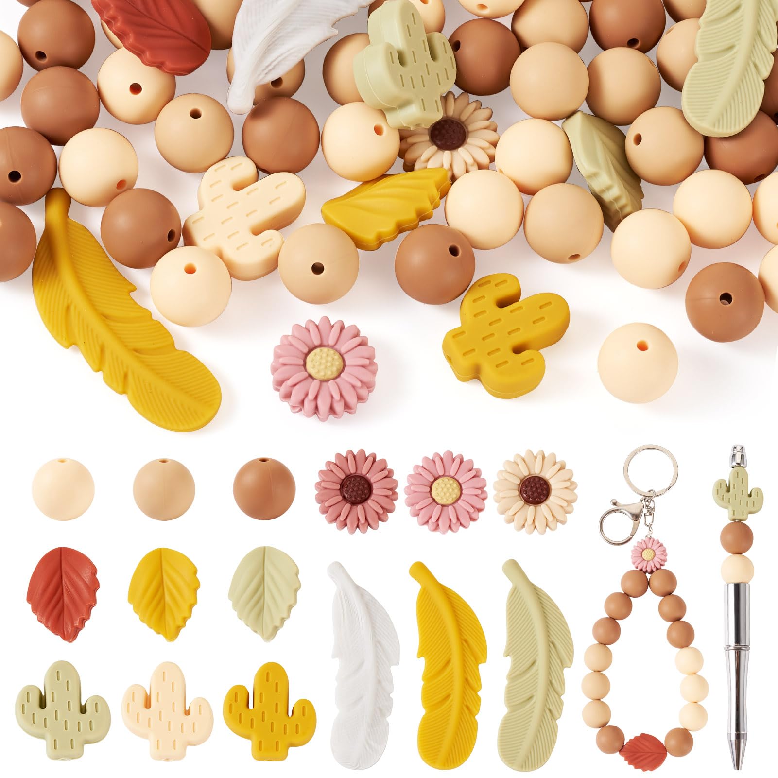Craftora 72 Pcs Autumn Silicone Beads Leaf Cactus Daisy Feather Silicone Focal Beads Round Rubber Spacer Bead for Pens Keychain Jewelry Making DIY Crafts โ image 1