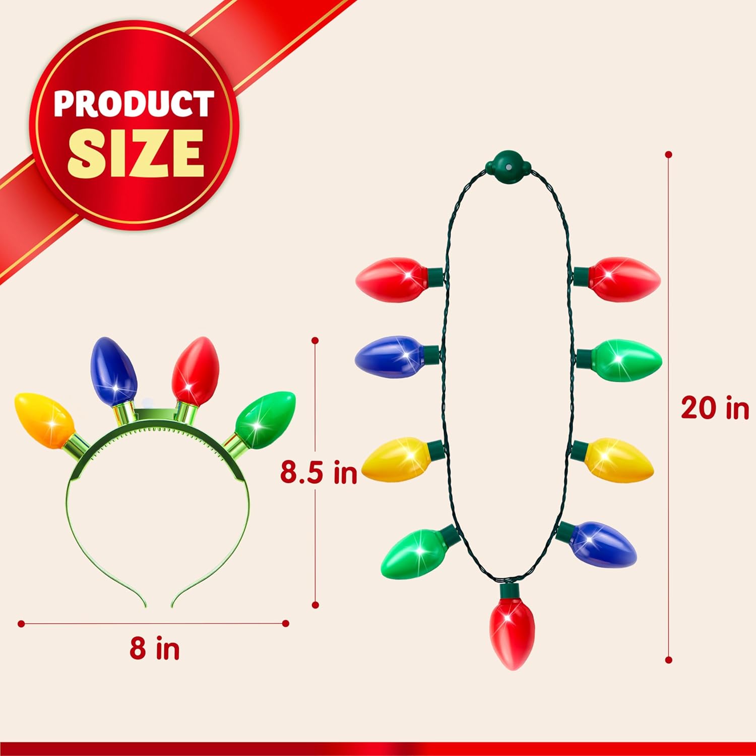 JOYIN 6 Pcs Christmas Light Up Headband and Necklace with 6 Flashing Modes, LED Christmas Bulb Lights Necklace Headband for Kids Women Men Xmas Party Supplies Accessories - Image 3