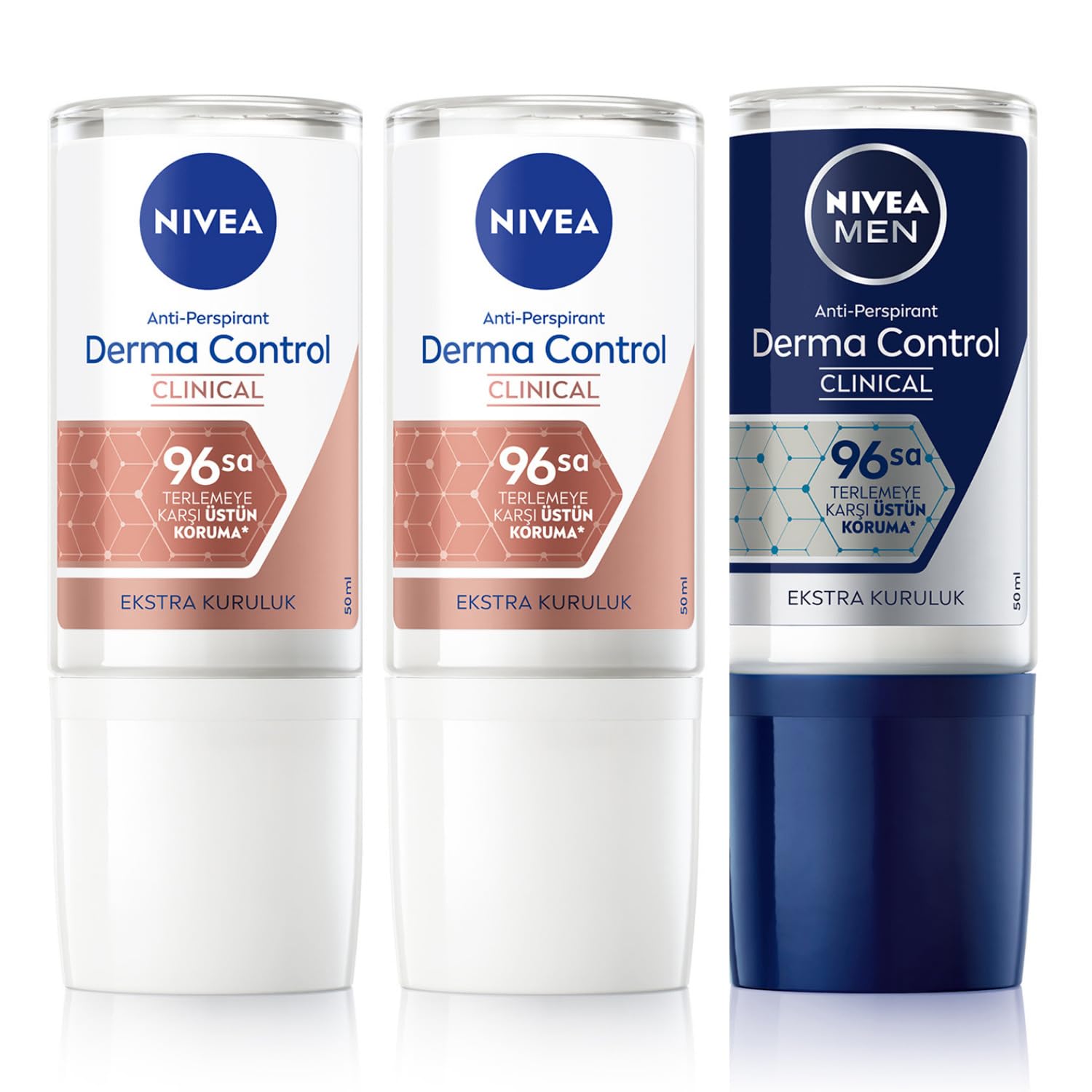 NIVEA Derma Control Clinical Kadın Roll-on deodorant 50 ml,96 saat koruma X2 + NIVEA MEN Erkek Roll-on deodorant Derma Control Clinical 50 ml, Ter Kokusuna Karşı 96 saat koruma,DermaDry ile Kuruluk