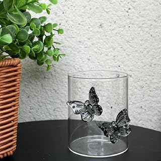 Vaso de cristal de 400 ml con decoración de mariposa 3D, vasos de café helado para jugo, cerveza, bebidas, agua, postre, vasos de café con lazo (negro)