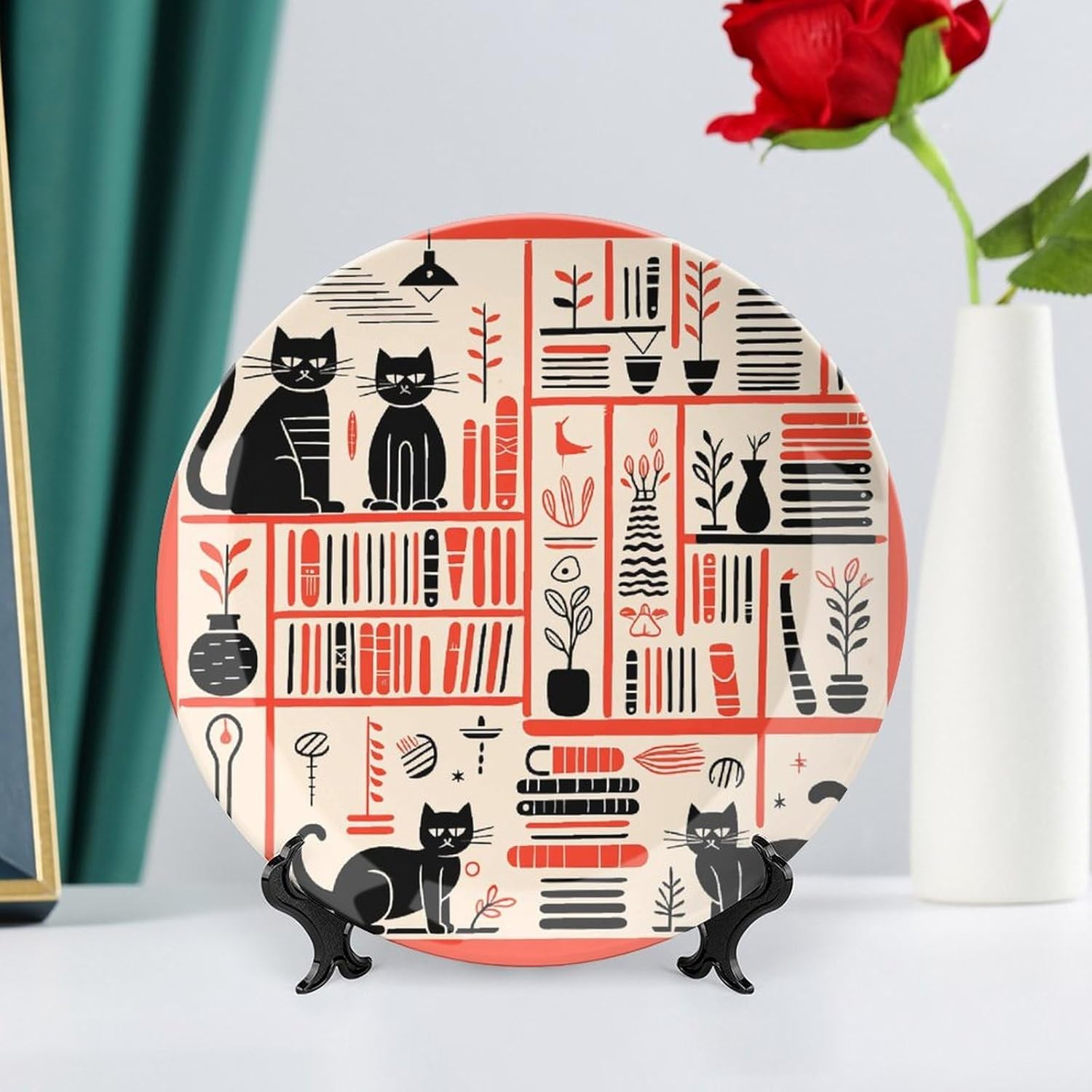Book Or Cat Decorative Plates for Display Round Porcelain Plate Living Room Table Ceramic Hanging Decorative Plate Art Decor for Living Room Table with 1 Display Stand 10inch