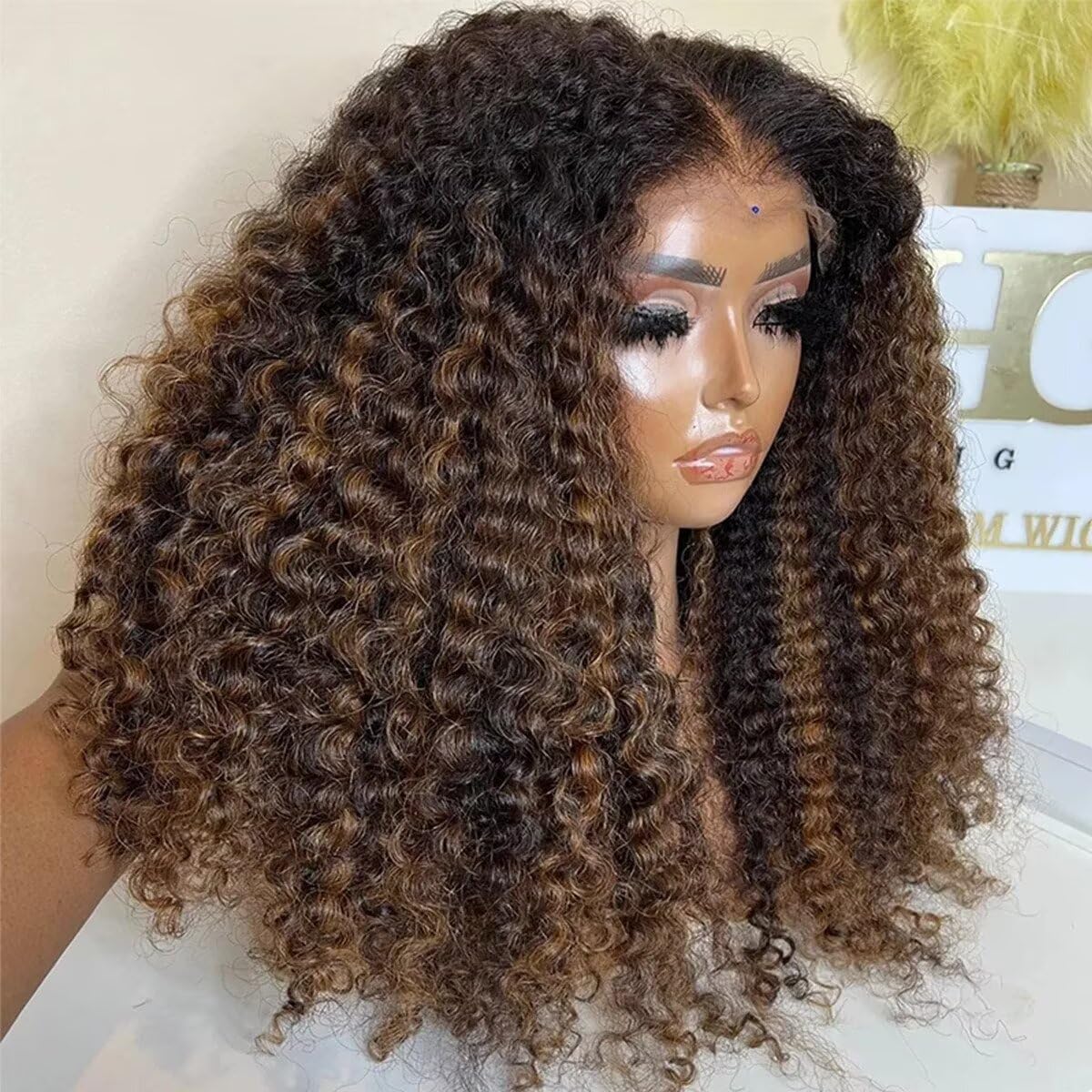 200% Density Full End Human Hair Kinky Curly Wigs #1B/4/27 Ombre Highlight HD Transparent Lace Front Wig Pre Plucked Bleached Knots Brazilian Virgin Afro Curly Glueless Balayage Wig 10Inch