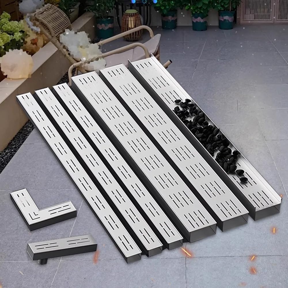 Rejilla de drenaje de acero inoxidable 304 con tapas, filtro de sumidero en forma de U para exteriores, drenaje pequeño para acera, duradero y resistente al óxido, fácil instalación (9.8 x 3.9 x 2