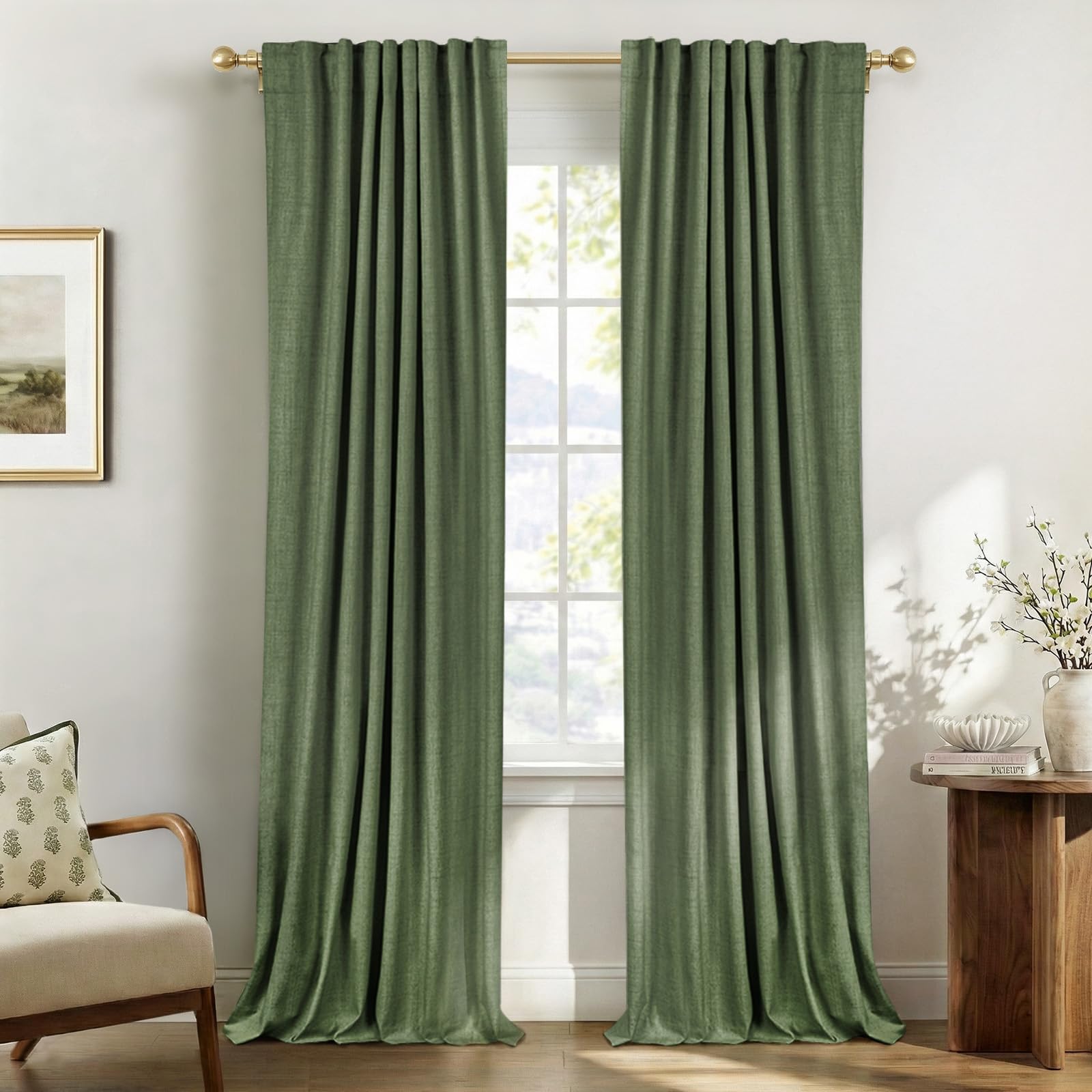 Faux Linen Total Blackout Curtains for Bedroom 84 Inches Long, Olive Green