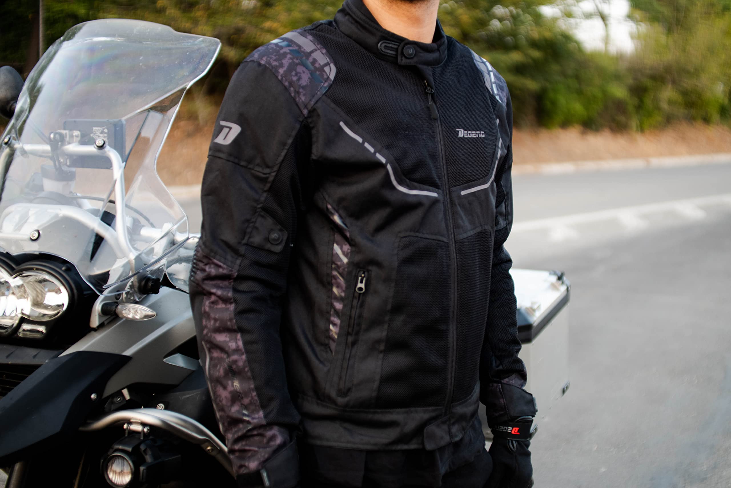 BREEZE EVO | Kurtka motocyklowa męska z ochroną - Oddychająca kurtka przeciwdeszczowa z wentylacją - Odzież motocyklowa - Kurtka Motera - Rozmiary (S-6XL), Czarny Camo, L
