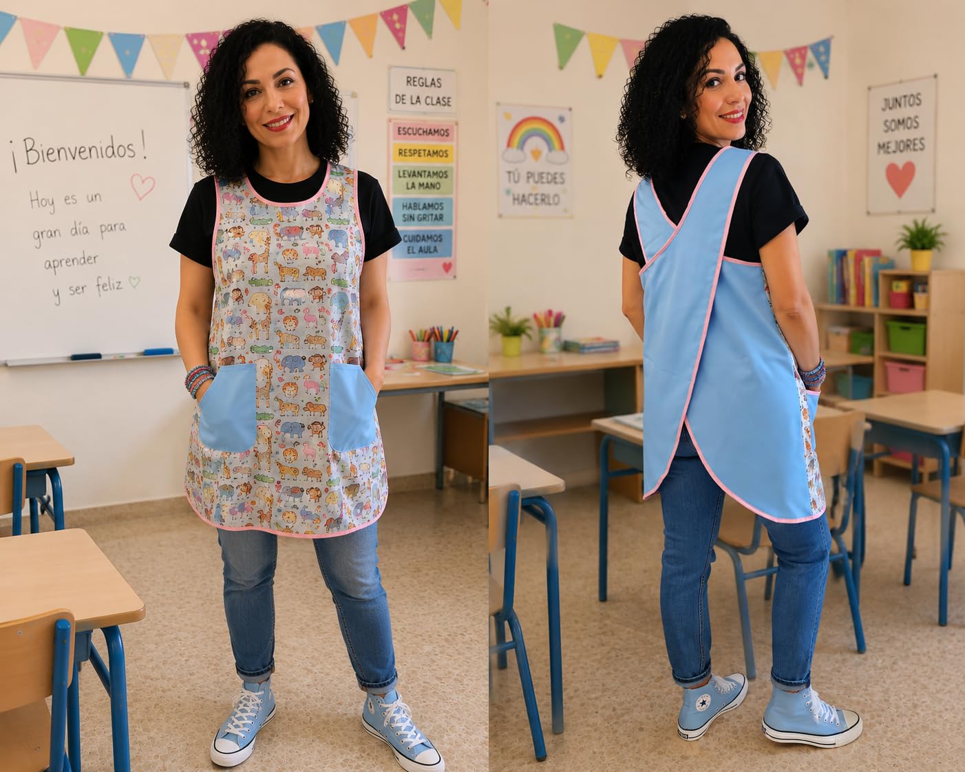 Galba® Bata Cruzada Maestra Estampado Zoo | Delantal Cruzado Mujer Algodón Lavable | Bolsillos Grandes | Talla XL | + Regalo Incluido