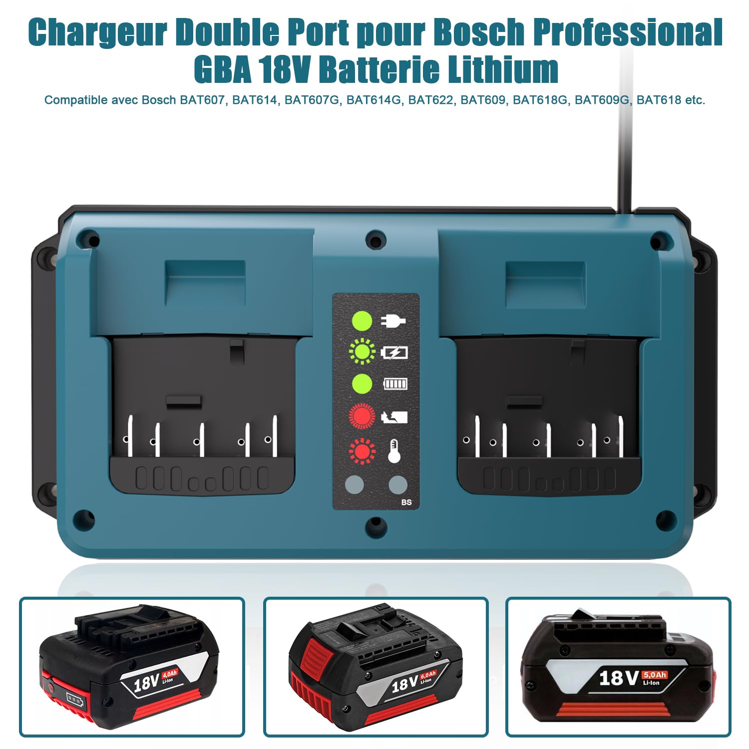 KUNLUN Chargeur pour Bosch Professional 18V Batterie, 2 Ports Chargeur de Remplacement avec Affichage LED pour Bosch Batterie 18V GBA BAT609, BAT610G, BAT618G, BAT619 et BAT621 | GBA BAT609, BAT610G, BAT618G, BAT619 et BAT621 Batterie avec écran LED