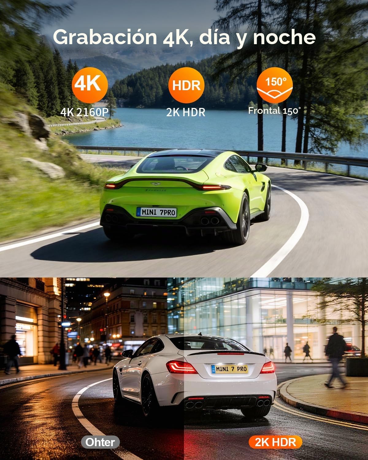 Cámara para Coche Frontal KAWA 4K Mini, Control por Voz, Pantalla Oculta, Motor NightEagle con HDR 2K, Wi‑Fi 6 y GPS Integrados, Modo de estacionamiento con búfer 24/7, admite hasta 256 GB