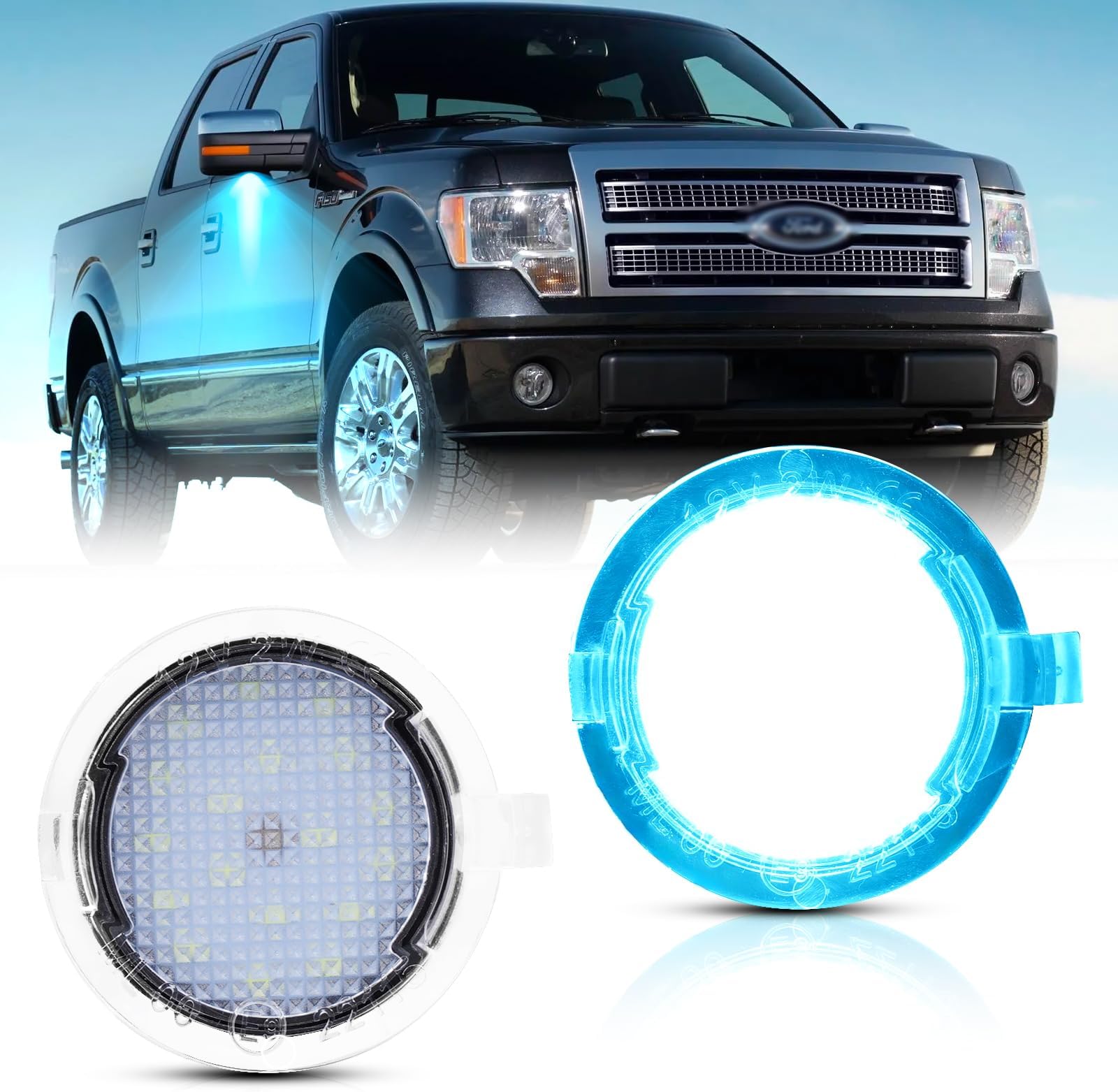 POPMOTORZ Ice Blue LED Side Mirror Puddle Lights Lamps Assembly For Ford F150/Explorer/Edge/Expedition/Flex/Taurus/Taurus X/Mercury Sable/Mercury Montego, Lincoln MKS/MKT/MKX/MKZ Pack of 2