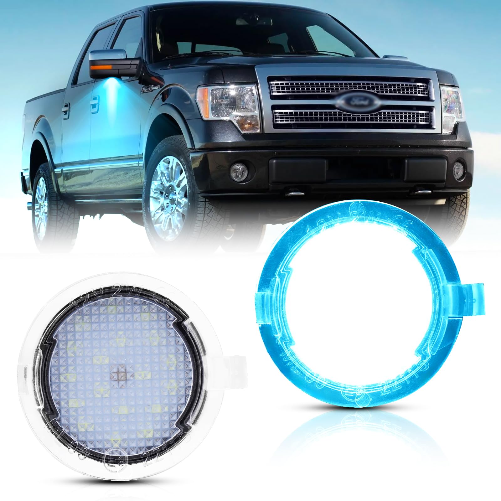 Ice Blue LED Side Mirror Puddle Lights Lamps Assembly For Ford F150/Explorer/Edge/Expedition/Flex/Taurus/Taurus X/Mercury Sable/Mercury Montego, Lincoln MKS/MKT/MKX/MKZ Pack of 2