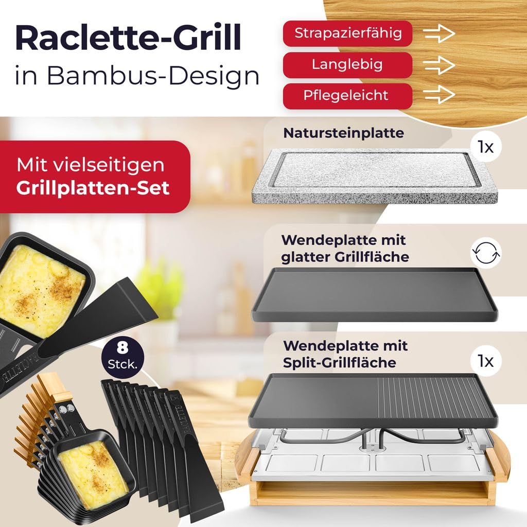 KESSER® Griglia per raclette con pietra naturale, piastra per grigliare griglia da tavolo per 8 persone, griglia elettrica per raclette con piastra antiaderente, 8 pentole e spatola di legno 1200W