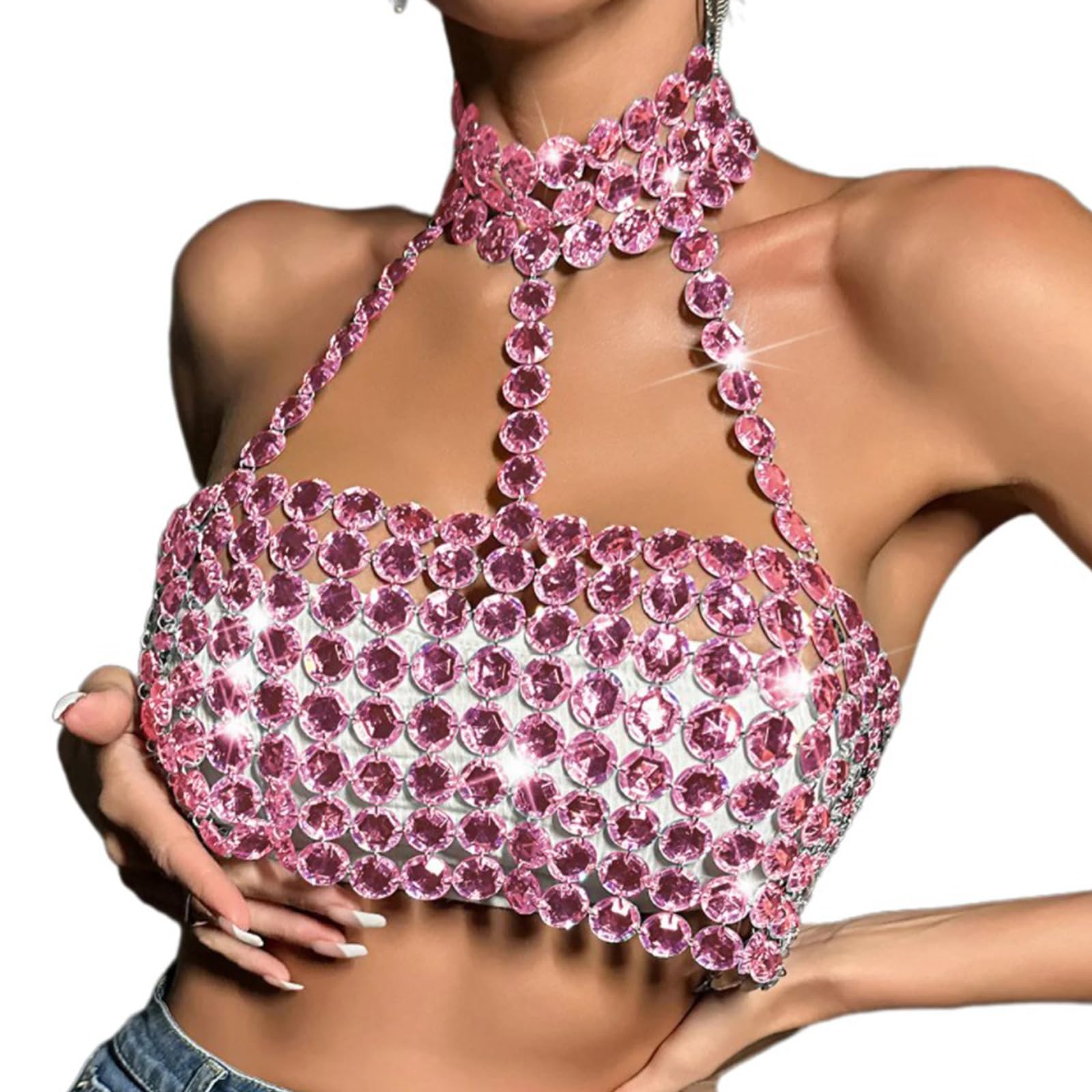 Reggiseno da donna con allacciatura al collo e schiena scoperta, gioiello con strass cavi, top crop top per feste e discoteche, con strass di cristallo, allacciatura al collo