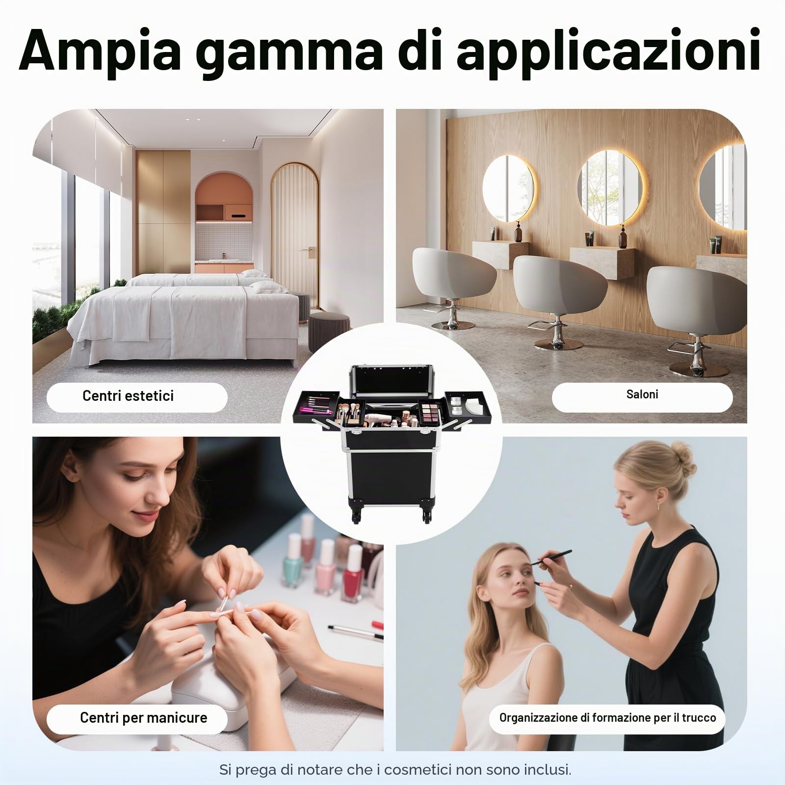 Valigetta professionale per cosmetici Colore nero Con 4 ruote rimovibili e angoli di protezione 34 x 24 x 47 cm Ideale per trucchi truccatori, design unghie e viaggi