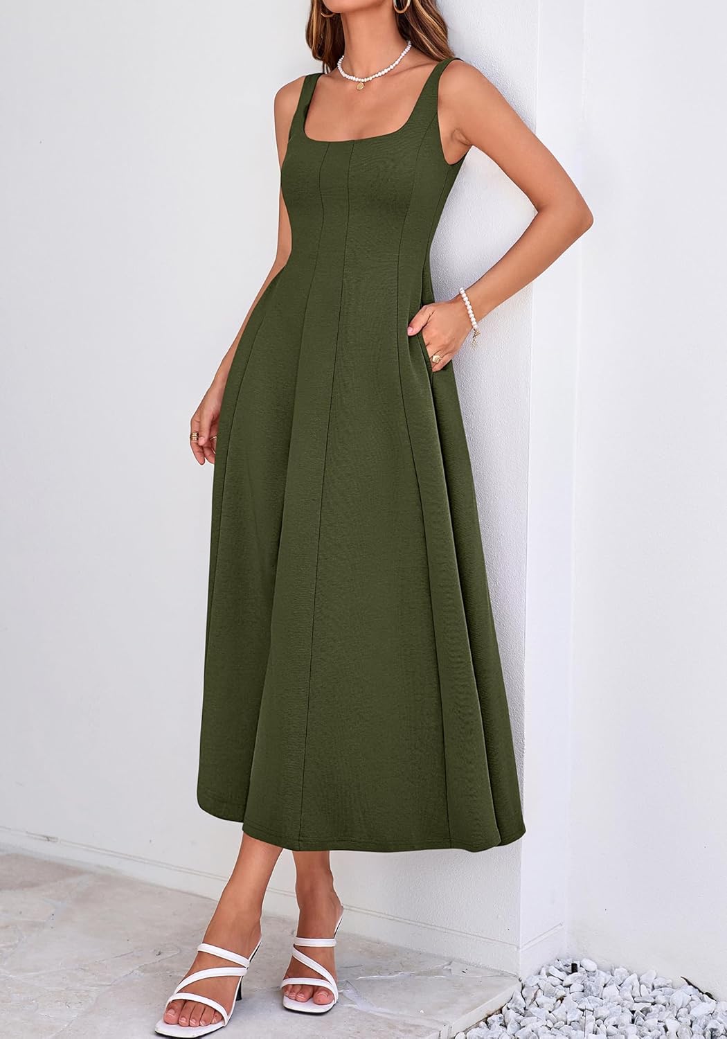 BTFBM Women Elegant Wedding Guest Dress Summer Square Neck Sleeveless Flowy A Line Formal Cocktail Party Maxi Dresses - Image 4