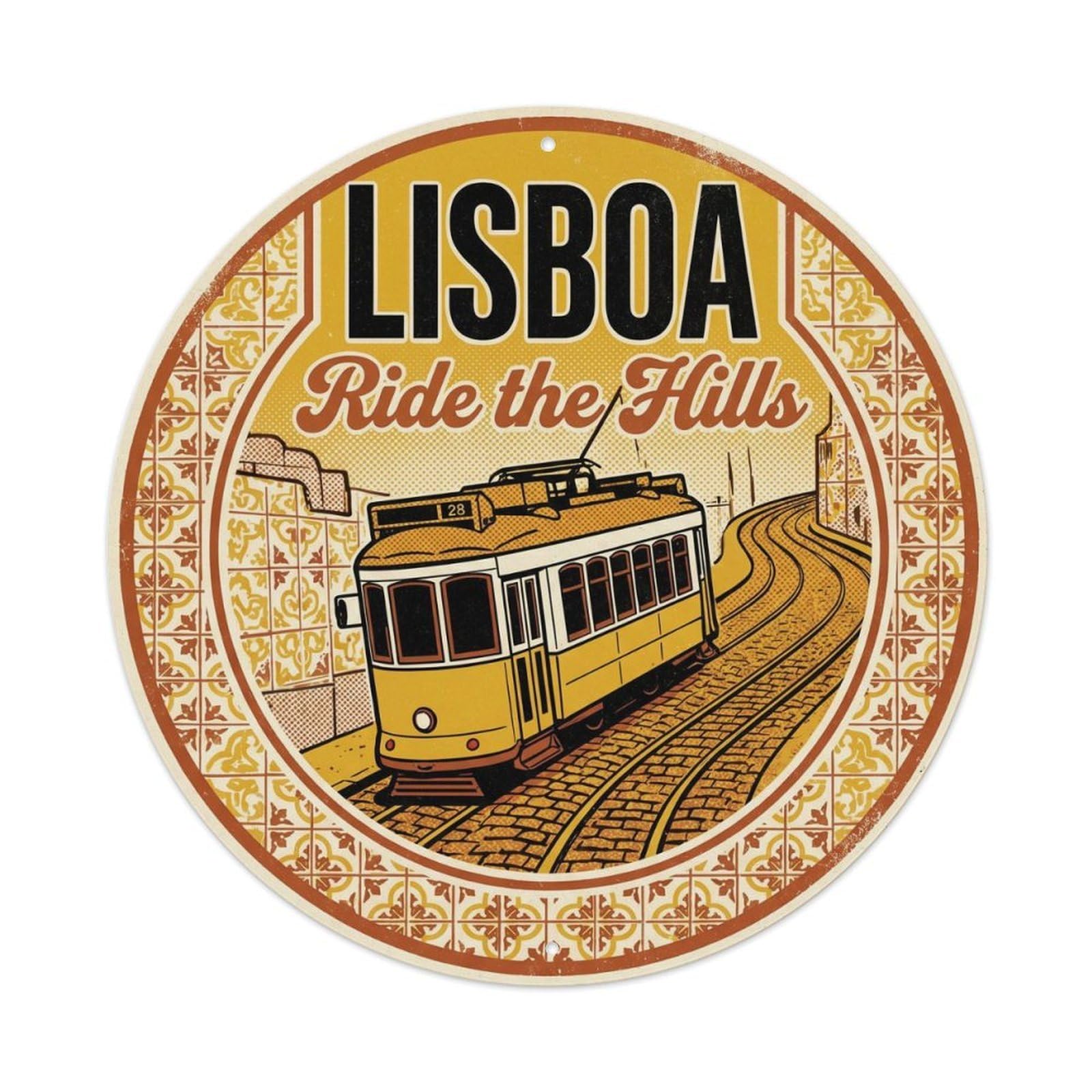 Vintage Travel Tram Portugal Vintage Metal Tin Sign Plaque Wall Decor for Cafe, Club, Garden Round Metal Poster 8x8Inch