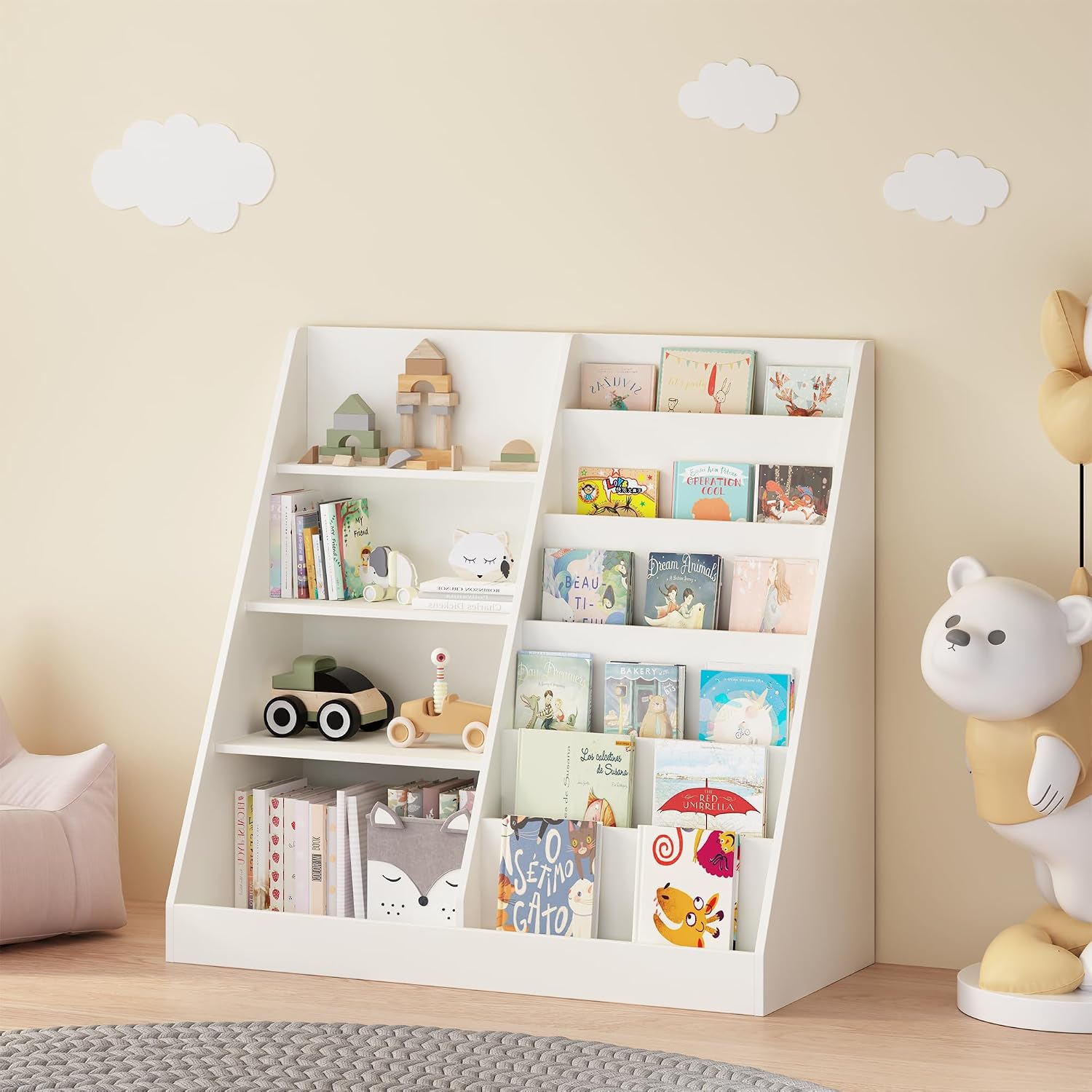 4 Tier Kids Bookshelf for Nursery, Baby Toddler Bookshelves Toy Organizers and Storage Bookcase, Wooden Children Book Shelf for Kids Rooms Classroom (White)
