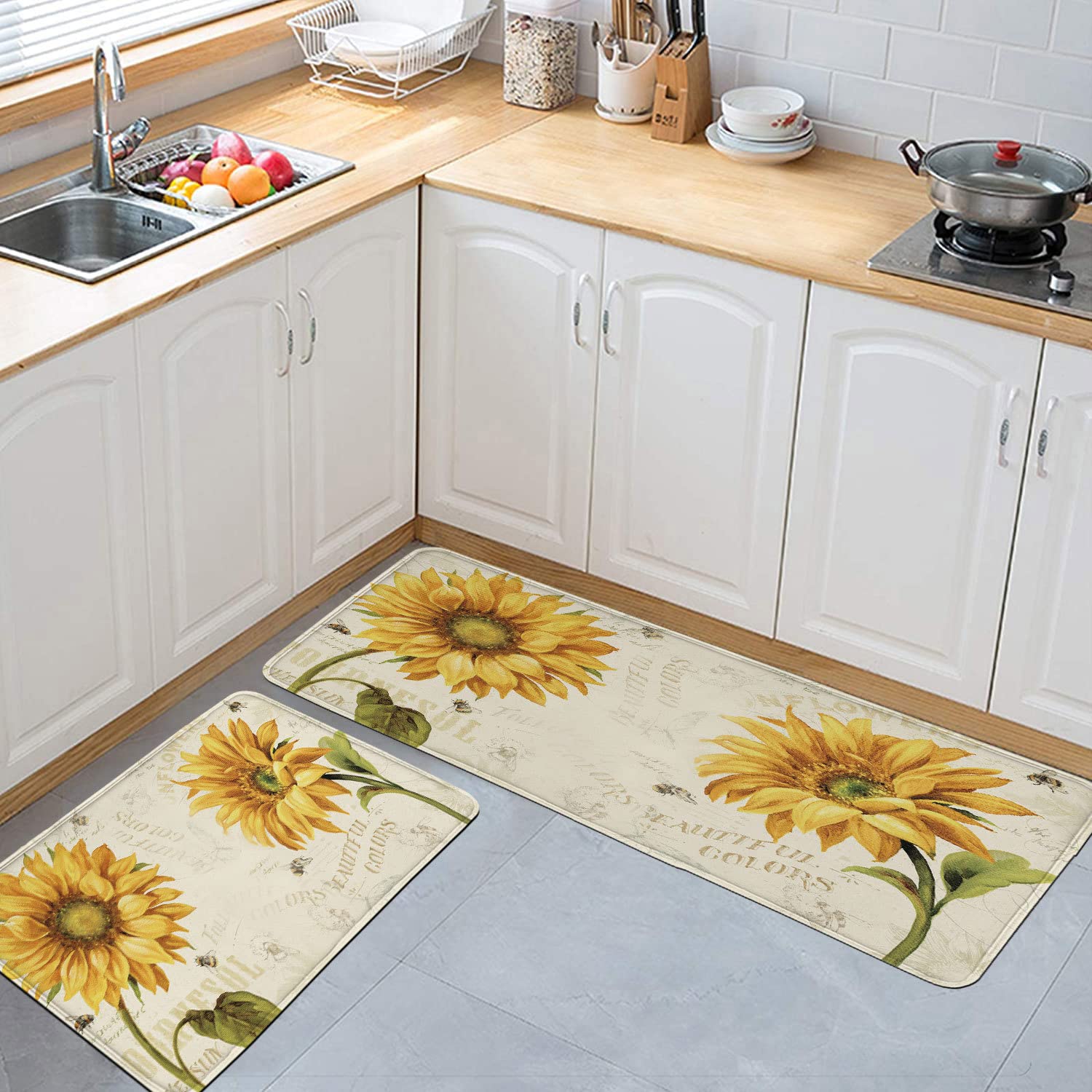 Kameng Sunflower Kitchen Rugs, Anti Fatigue Kitchen Mats for Floor,Set