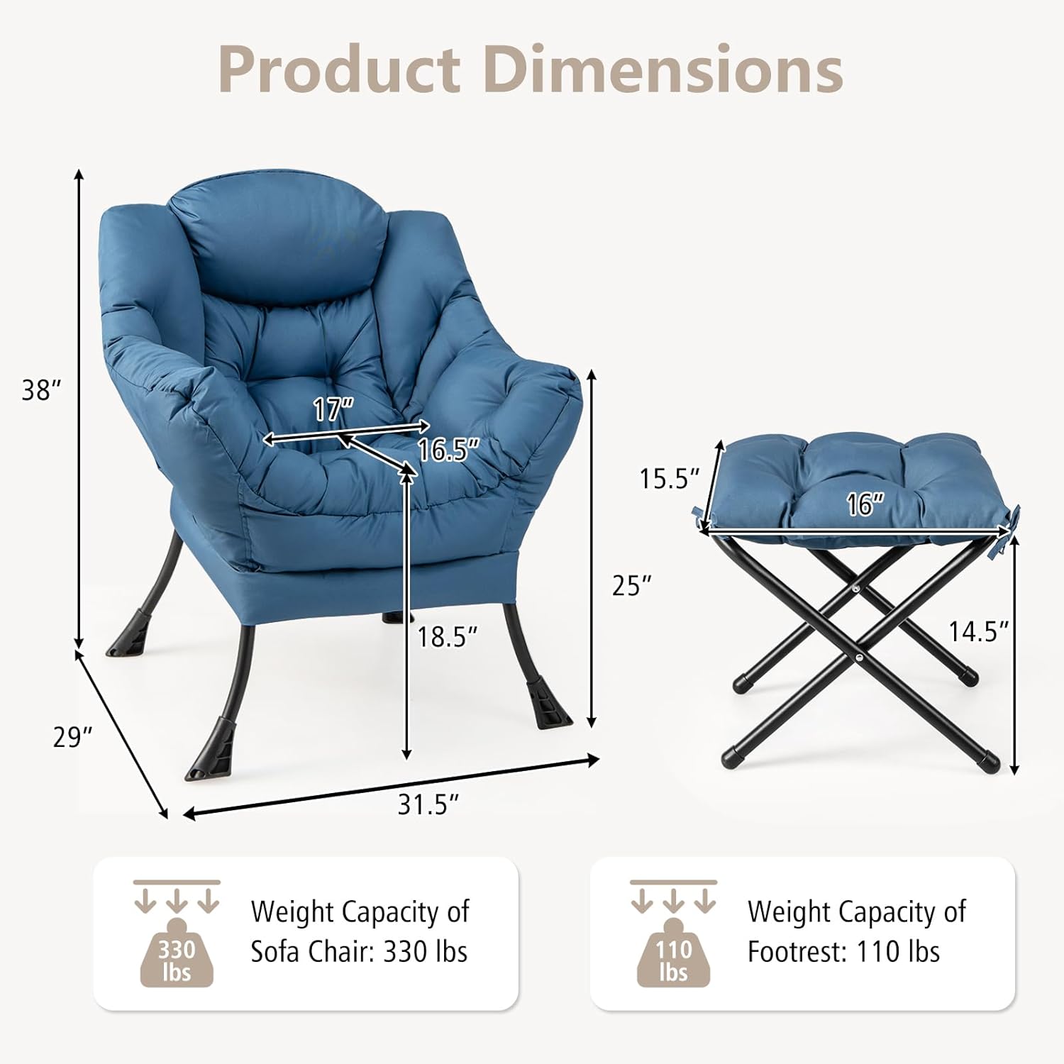 Giantex Lazy Chair with Ottoman, Accent Sofa Chair with Folding Footrest, Side Storage Pocket, Upholstered Leisure Lounge Armchair with Stool for Bedroom, Living Room, Office, Blue