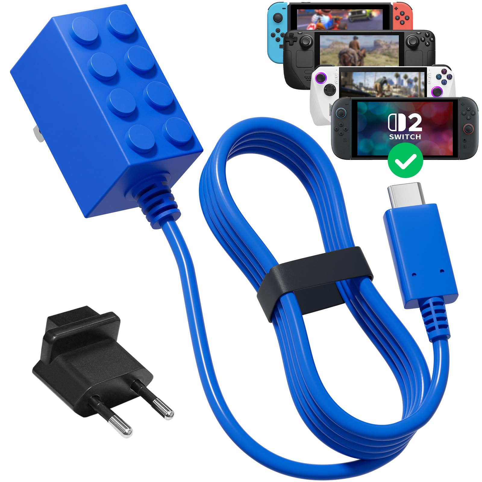 Caricabatterie Switch da 65 W compatibile con Nintendo Switch 2, caricabatterie rapido USB C per Switch 2/Steam Deck, adattatore CA da 1,5 M, design a blocchi di costruzione blu