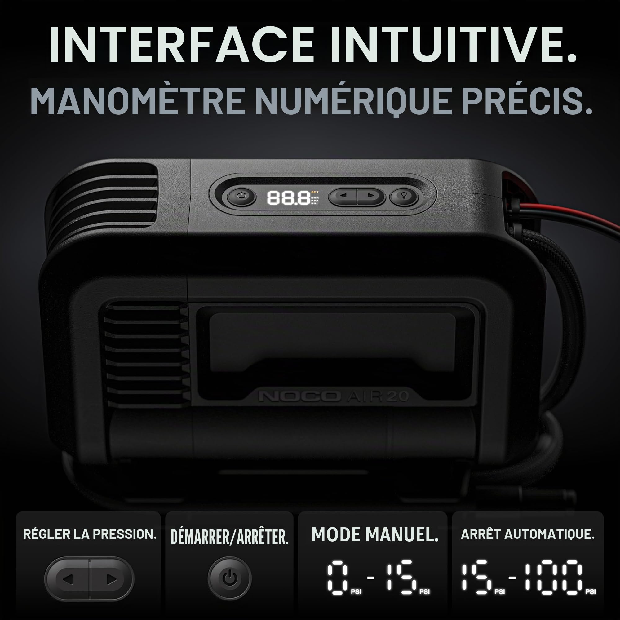 NOCO AIR20: Gonfleur de pneu UltraRapide 20A – Compresseur d’air portable 12V – Débit 47 SLPM – Gonfle de 0 à 40 PSI en 2,5 min – Manomètre numérique + arrêt automatique