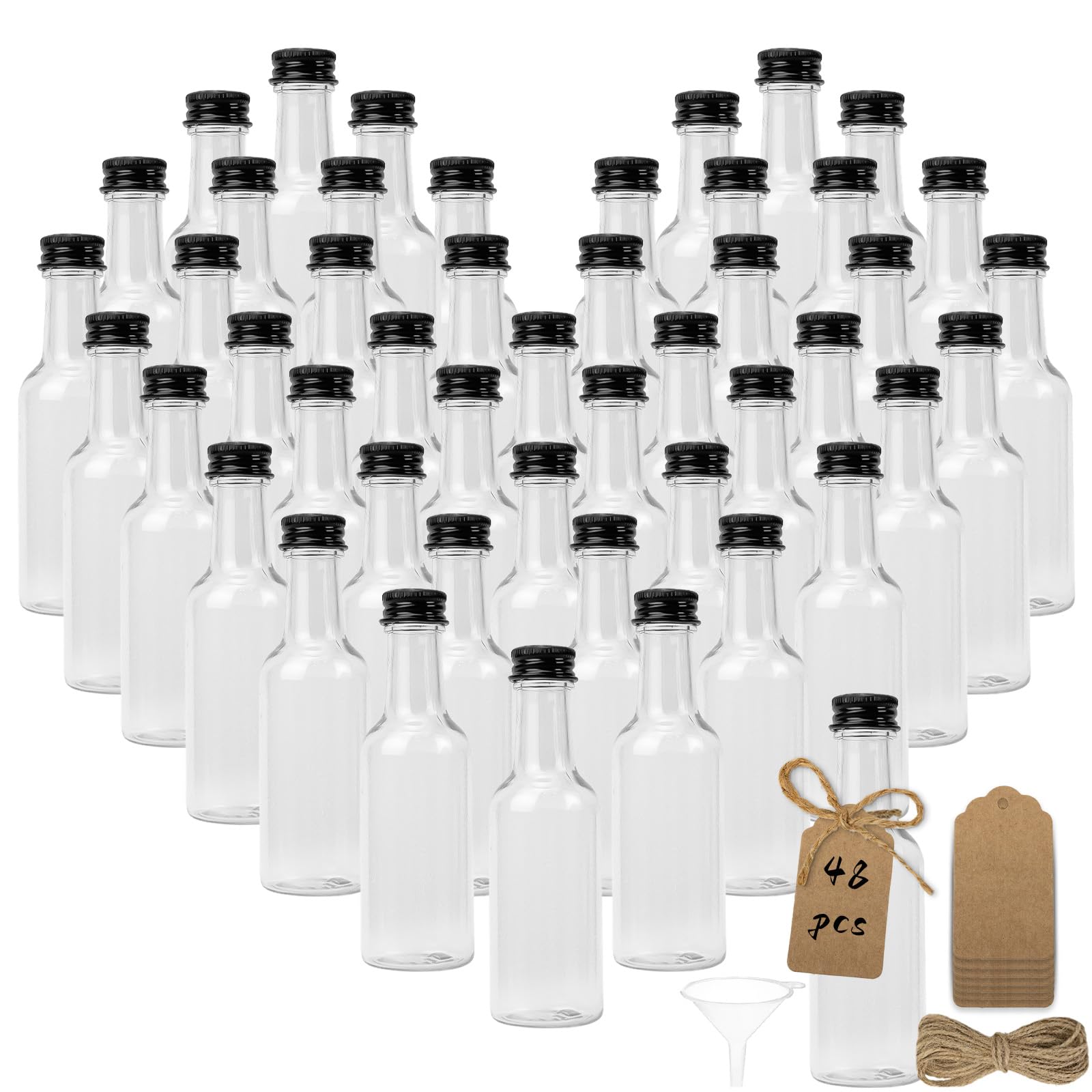 Cafultgo Plastic Liquor Bottles (Pack of 48) - 50 ml, Small Schnapps Bottles with Black Lids, Kraft Paper Labels, Mini Bottles with Funnel, Mini Bottle for Filling for Weddings, Parties
