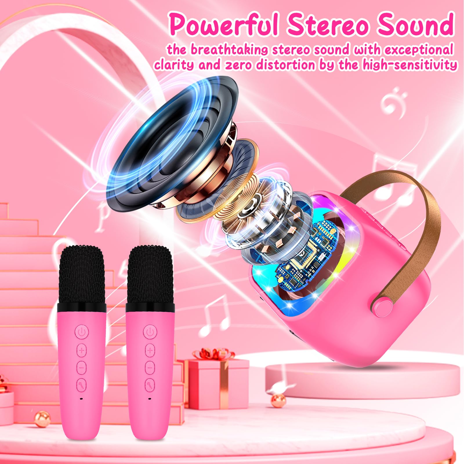 Karaoke Niños con 2 Microfono Inalambricos, Portátil Microfono Niños con Luces LED, Máquina de Karaoke Bluetooth Regalos para Niñas Juguete Fiestas de Familiares - 2