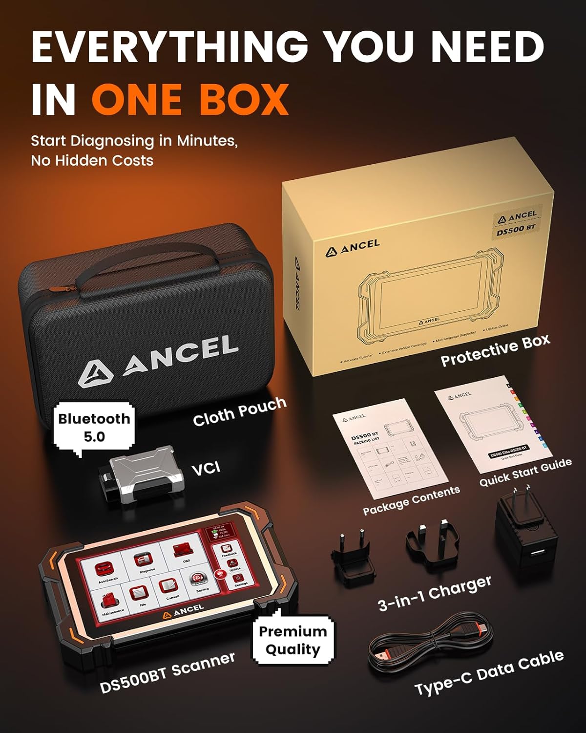 Contents of the ANCEL DS500BT package including the tablet, VCI, cables, charger, and manual.