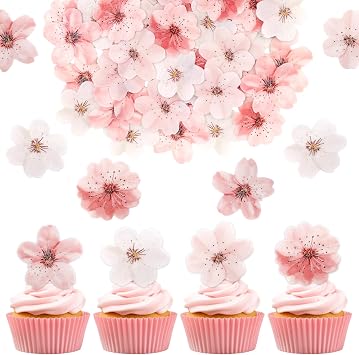 50 PCS Edible Cherry Blossoms Cupcake Toppers Edible Cherry Blossoms Flowers Cake Decorations for Spring Tea Party Cherry Themed Birthday Party Baby Shower Bridal Engagement Anniversary baked goods