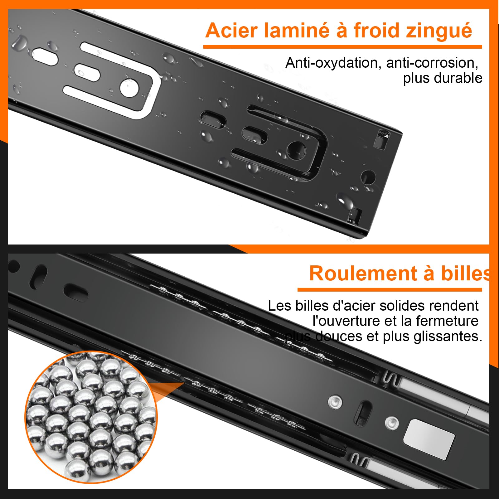 glissières de tiroir 6 paires (12 pièces),30cm glissiere pour tiroir, amortisseur coulisse tiroir avec roulements à billes, montage latéral,extension complète, capacité de charge 45 Kg,noir
