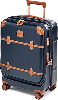 Bellagio 3.0 Spinner Trunk - Airline Approved Luxury Hardshell Carry On Luggage with Large Wheels, Telescopic Handle, Leather Detailing - Expandable Rolling Suitcase - 21" With Pocket, Blue