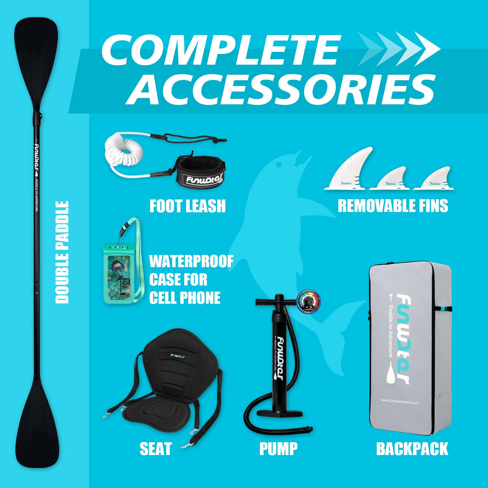 FunWater Nadmuchiwana deska do wiosłowania SUP z akcesoriami premium SUP, antypoślizgowa deska do wiosłowania EVA, deska do wiosłowania 38 cm, dla dorosłych i młodzieży na wszystkich poziomach