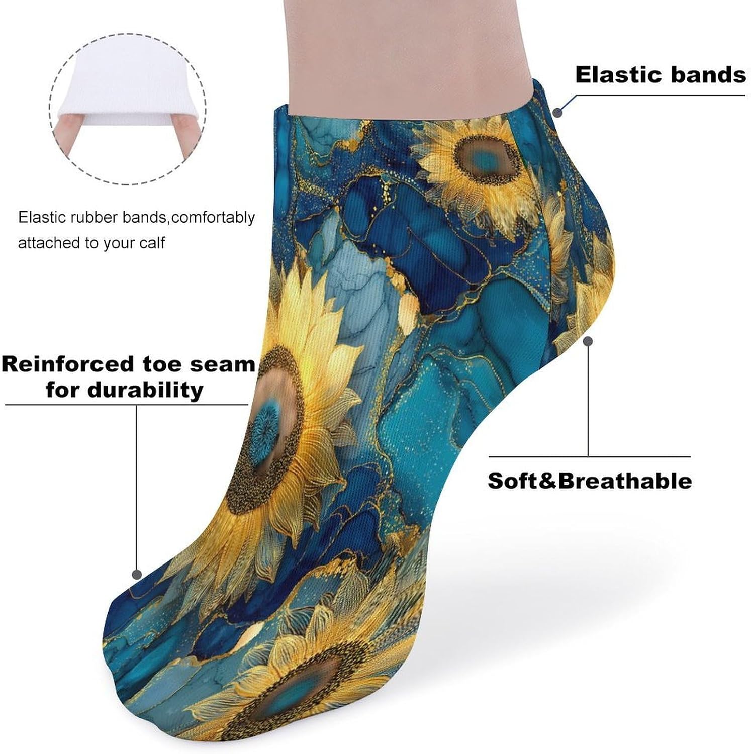Sunflower Marble Blue Watercolor Socks for Men Women 5 Pairs Ankle Socks