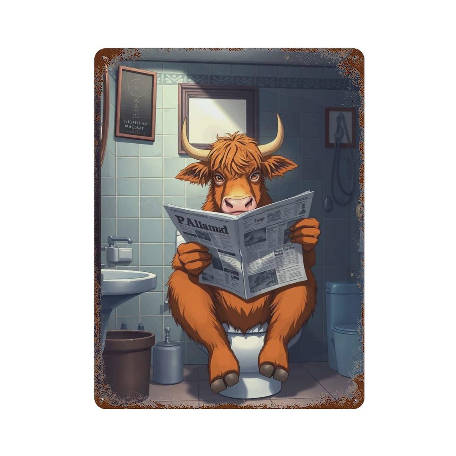 Highland Cow Toilet Decorative Tin Sign 15.7"x11.8", Old School Wall Decor for Garage, Pub Or Kitchen