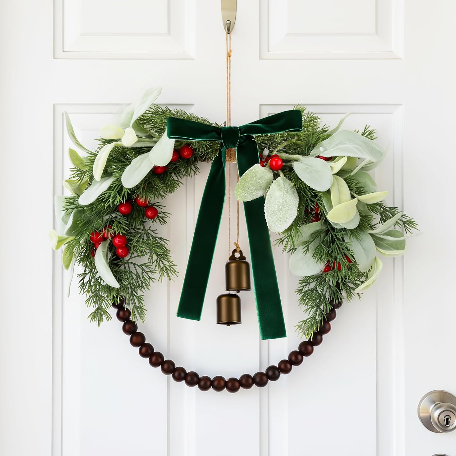 12 Inch Olive Norfolk Pine Christmas Wreath with Wooden Bead Bell Christmas Kitchen Cabinet Wreath for Front Door Farmhouse Rustic Xmas Artificial Door(Green,Rustic) Green Rustic
