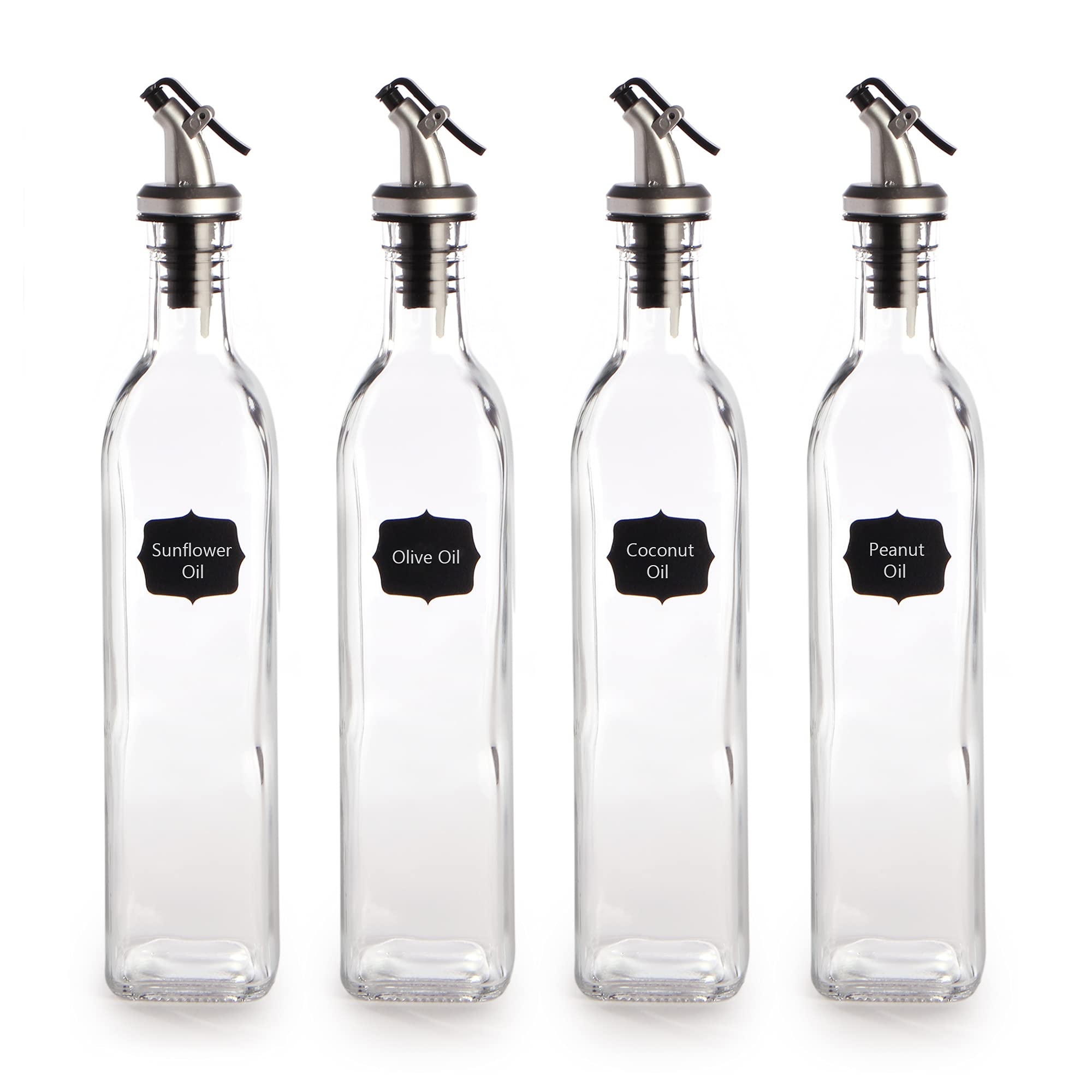 Maison & White 4-Pack 500 ml Glass Oil & Vinegar Dispensers – Elegant Thick Clear Cruet Bottles for Cooking & Serving with Drizzle Spouts | Restaurant Style