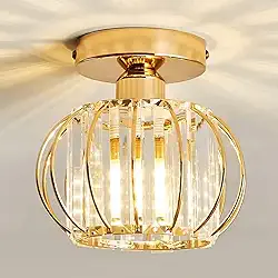 Luminária de Teto Dourada com Acabamento em Ferro e Cristal – Estilo Farmhouse Vintage para Salas, Corredores e Banheiros