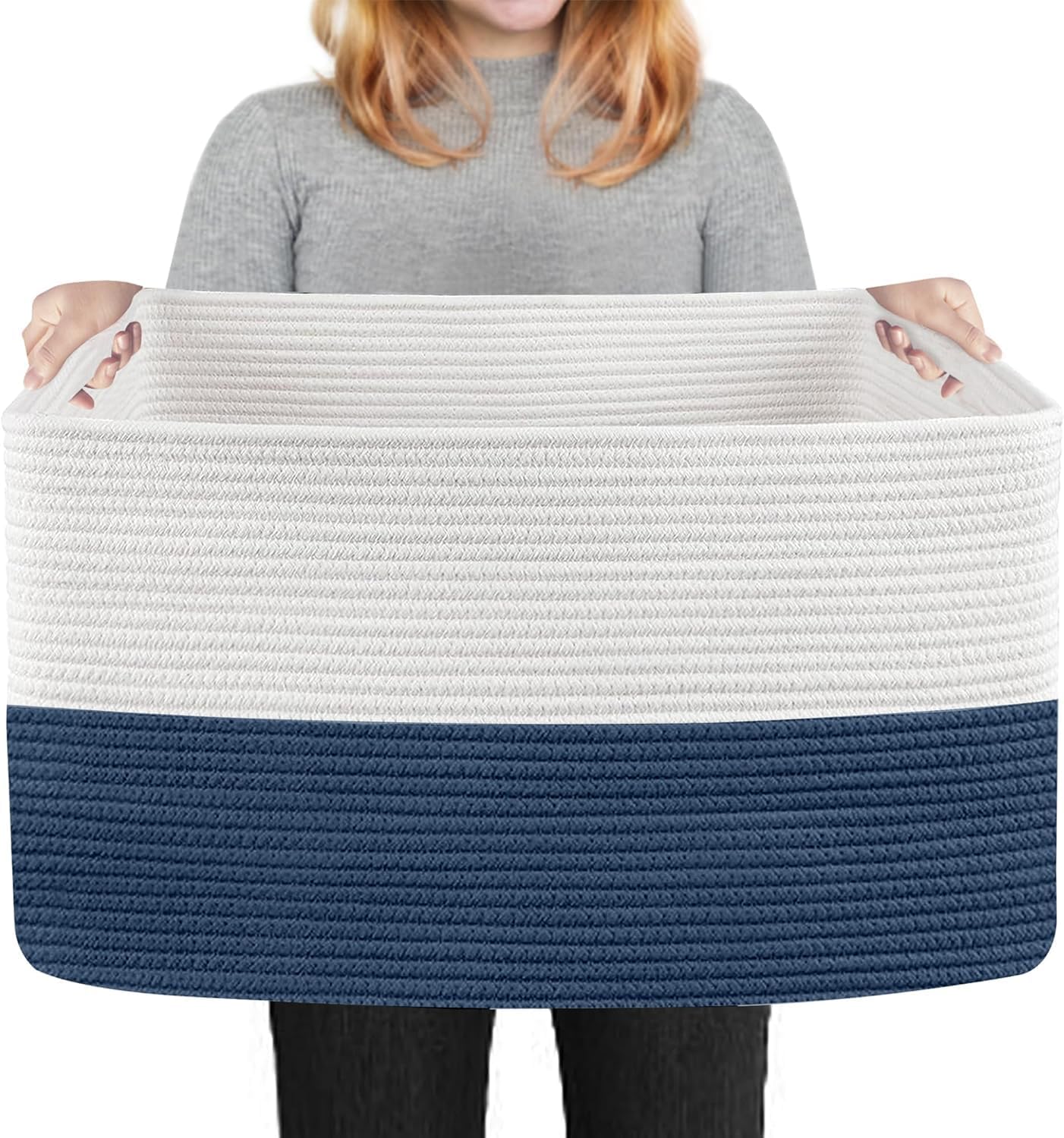 large laundry basket, woven cotton rope rectangular storage basket for clothes, toys & blankets – ideal for bedroom & living room (white blue, 20'x15'x12' large)