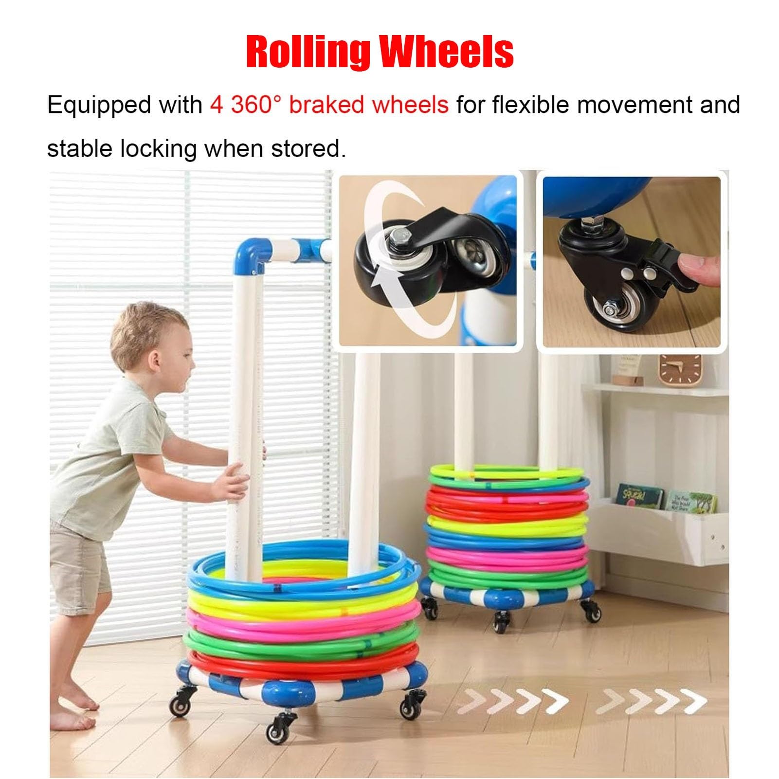 Hula-Hoop-Halter mit Rad, beweglicher Übungsreifen, Aufbewahrungswagen, Sport-Fitness-Reifen, Organizer für Vorschule, Schule, Spielzimmer (75 cm)