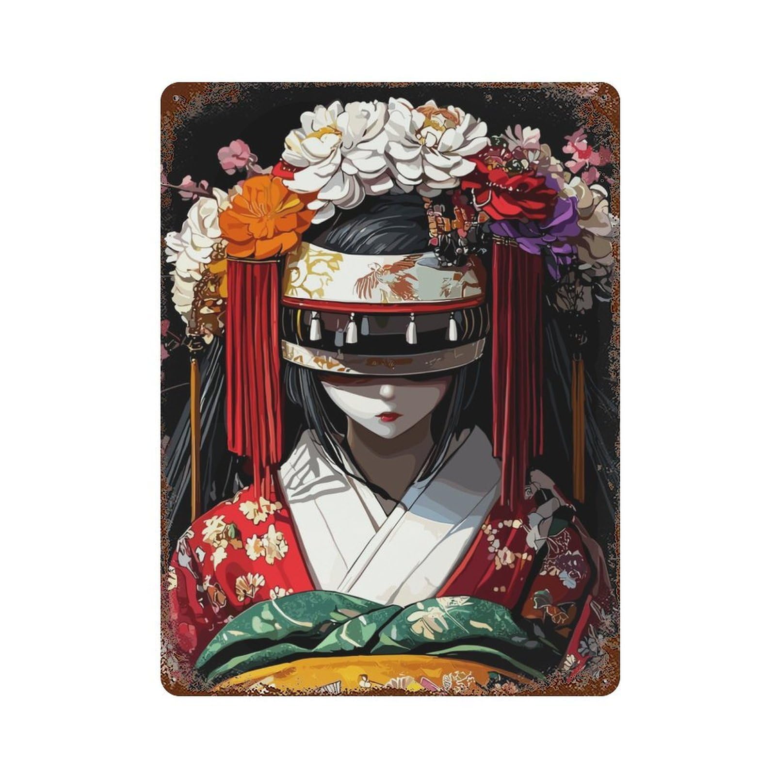 Rust Effect Beauty Japan Aged Metal Wall Plaque 15.7"x11.8", Farmhouse Wall Decor for Office, Studio And Wall Decor