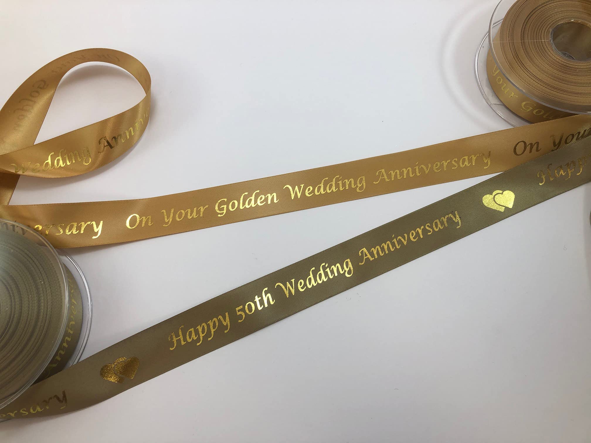 Ribbon Writer Happy 50Th' On Dk Gold Ribbon Happy 50Th Wedding Anniversary 25Mm Dark Gold Satin Ribbon With Metallic Gold Print, 1 Metre Length